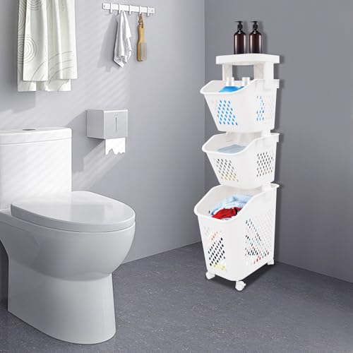 2/3/4-Layer Laundry Basket, Washing Storage Clothes Hamper w/Wheels, Narrow Vertical Rolling Laundry Cart, Bathroom Bedroom Clothes Storage Basket Cart for Towels, Blankets, for Hotel, Dorm (3-Tier) - size: 3-Tier