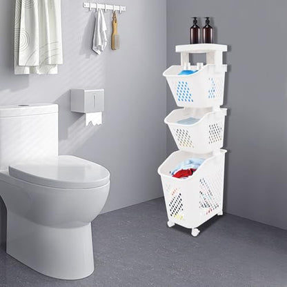 2/3/4-Layer Laundry Basket, Washing Storage Clothes Hamper w/Wheels, Narrow Vertical Rolling Laundry Cart, Bathroom Bedroom Clothes Storage Basket Cart for Towels, Blankets, for Hotel, Dorm (3-Tier) - size: 3-Tier