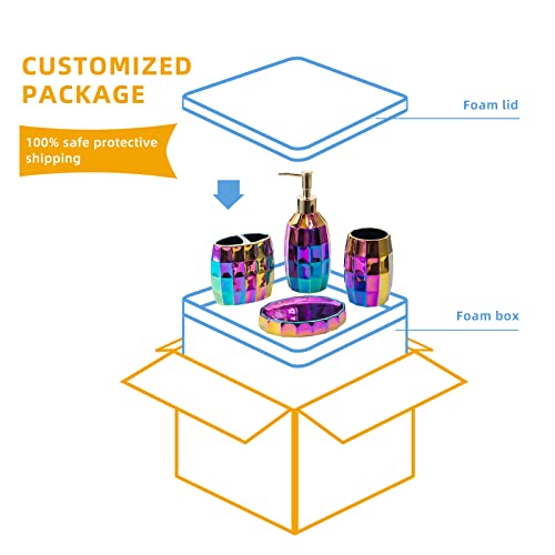 Rainbow Bathroom Accessory Set, Colorful/Gold Mosaic Ceramic Bathroom Accessories Sets Includes Lotion Dispenser, Toothbrush Holder Tumbler, and Soap Dish - color: Rainbow