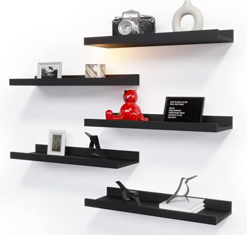 RICHER HOUSE 5-Set Floating Shelves with Lip, Black Wall Mounted Wood Shelf | Display Picture Ledge Shelf, Anti-drop lip Shelf for Room Wall Decor, Bedroom Bathroom Storage Nursery Books, Easy Setup 16in - color: Black