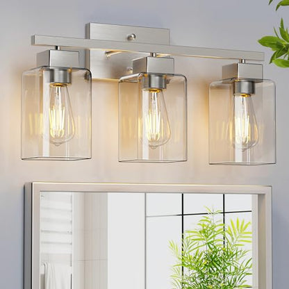3-Light Bathroom Light Fixtures, Brushed Nickel Modern Vanity Lights, Bathroom Lighting Fixtures Over Mirror, Square Design Farmhouse Wall Sconces with Clear Glass Shades - color: Brushed Nickel, size: 3-Light