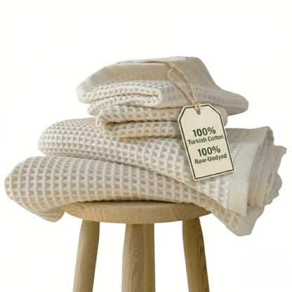 PÜSKÜL Raw-Undyed Natural 100% Turkish Cotton Waffle Towels Set of 4-Piece | 2-Bath sheet (Extra-large 32x63") and 2-Hand towel (Large 32x16"). Premium honeycomb-waffle weave, oeko-tex made in Turkiye. - color: Natural Beige