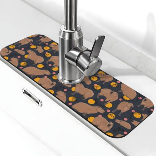 Capybara Doodle Botanical Circle Wildlife Kitchen Sink Splash Guard Faucet Mat Super Absorbent Fast Drying Mat Sink Gadgets-Fast Drying Pad Sink Mat For Kitchen Bathroom (15" X 5.5" ) - color: Capybara