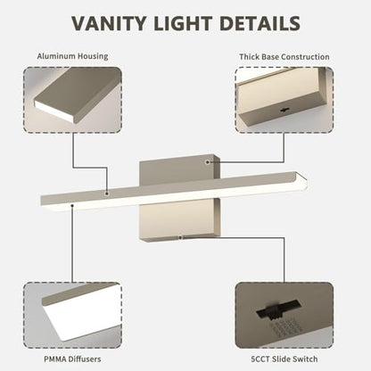JUSHENG Brushed Nickel Modern LED Vanity Lights for Bathroom Light Fixtures, 16 Inch 16W 5CCT Dimmable Vanity Light Bar Bathroom Lighting, ETL Certificated - color: Brushed Nickel-5CCT, size: 16'' Long-Dimmable