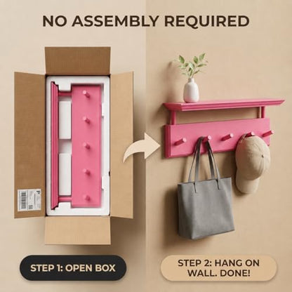 Matías Coat Rack Wall Mount with Shelf, 18 Inch Solid Wood Peg Rail, Wall Mounted Coat Rack with 5 Hooks, Wall Mount Shelf for Entryway, Bathroom or Bedroom (Pink) - color: Pink