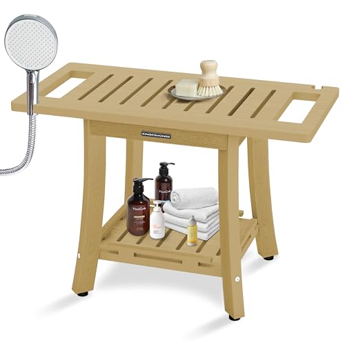 KingPavonini HDPS 25.2'' Shower Bench for Inside Shower, Bamboo L | Waterproof Shower Stool for Shaving Legs, 450 lb, Bathroom Chair Seat with Storage Shelf, for Tub/Outdoor Use, Quick Assembly - color: Bamboo, size: Large