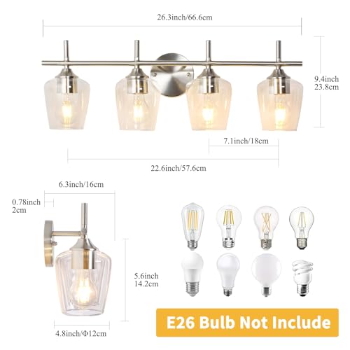 foucasal Bathroom Light Fixtures 4-Light Brushed Nickel Vanity Light | Win Glass Clear Shade, Modern Wall Lights for Bathroom Bedroom Hallway Living Room (Brushed Nickel, 4-Light) - color: Nickel & Clear E26, size: 4-light