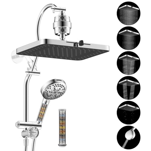 Hibbent 5-spray Dual Filtered Rainfall Shower Head with 10 Spray Handheld | High Pressure 13'' Showerhead Combo, Easy Reach 4-way Diverter Extension Arm with Pause Mode, 71'' Hose & Holder, Chrome - color: Chrome, style: Square 13" with filter