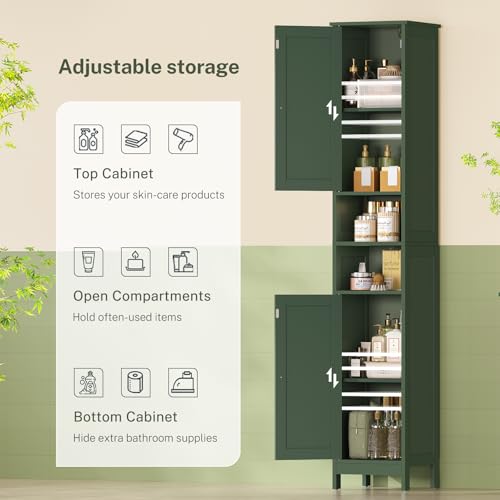 67" Tall Bathroom Cabinet with Adjustable Shelves and Doors, Narrow Bathroom Storage Cabinet for Small Space, Living Room, Entryway, Kitchen, Green - color: Green