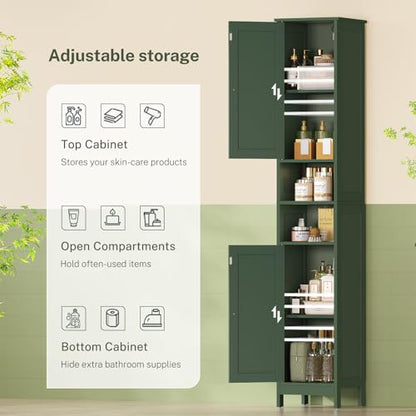 67" Tall Bathroom Cabinet with Adjustable Shelves and Doors, Narrow Bathroom Storage Cabinet for Small Space, Living Room, Entryway, Kitchen, Green - color: Green