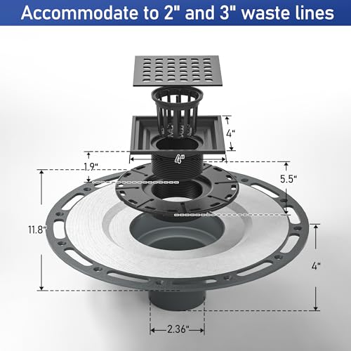Square Shower Drain with PVC Bonding Flange Base, 4" Matte Black | 304 Stainless Steel Drain w/ Drain Key for Low Profile Shower Tiles, CUPC Certified - color: Black4"