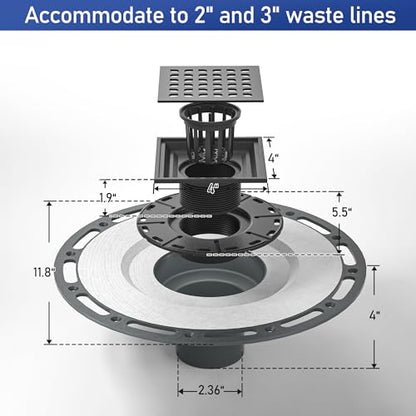 Square Shower Drain with PVC Bonding Flange Base, 4" Matte Black | 304 Stainless Steel Drain w/ Drain Key for Low Profile Shower Tiles, CUPC Certified - color: Black4"