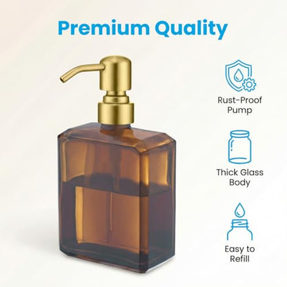 KEMINO Amber Soap Dispenser Square Bottle and Gold Pump, Glass Dish Soap Dispense, Refillable Hand Soap Dispenser with Stainless Steel Pump, 13.5 oz Lotion Dispenser for Bathroom, Kitchen Countertop - color: Amber Bottle With Brushed Gold Pump, size: 13.5