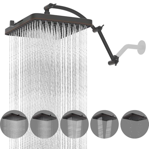 Hibbent Rain Shower Head, 13'' High Pressure Rainfall 5 Spray Mode Showerhead with 16" Shower Head Extension Arm, Brass Adjustable Shower Arm Extender, Waterfall fixed Showerheads, Oil Rubbed Bronze - color: Oil Rubbed Bronze, style: Square 13'' with Arm
