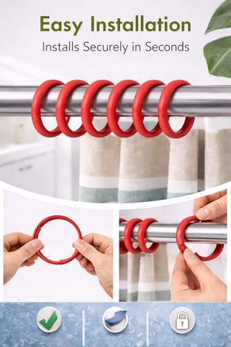 12 Piece Plastic Basic Locking Round Hook Easy Gliding Shower Curtain Rings Fits All Standard Size Shower Rods (Red) - color: Red