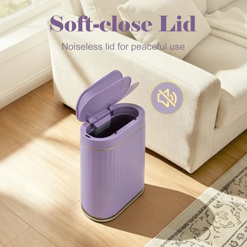 ELPHECO Bathroom Sensor Trash Can, 2 Gallon, Automatic Lid, Purple | IPX5 Waterproof Garbage Can, Slim Plastic Wastebasket, Trash Bin for Office, Bedroom and Living Room - color: Purple Gold