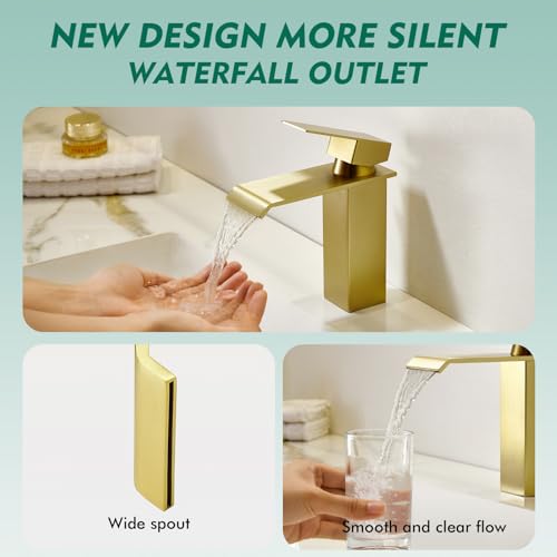 CREA Brushed Gold Bathroom Faucet 1 Hole,Gold Waterfall Bathroom Faucet Single Handle Bathroom Sink Faucet with Drain Stopper/ 3 Hole Deck Plate,RV Basin Vanity Faucet,Stainless Steel - color: Brushed Gold, style: Wide Spout