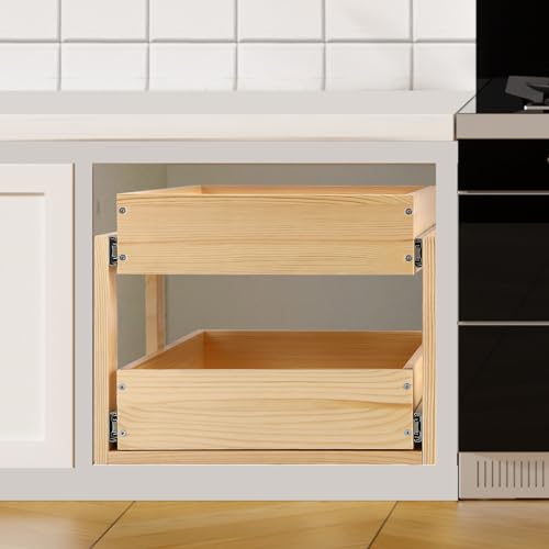 Pull Out Cabinet Organizer 20''W×21''D×16''H Soft Close Slide Out Wood Drawer Shelves for Kitchen, Finished, Bottom Assembly(Cabniet Require Opening >20.5'', Depth>21.5'', Height>16.5'') | Soft Close Wood Kitchen Pullout Drawers for Cabinets Shelves for K