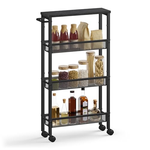 VASAGLE Slim Rolling Cart, 4-Tier Storage Cart, Narrow Cart with Handle, 5.1 Inches Deep, Metal Frame, for Kitchen, Dining Room, Living Room, Home Office, Ebony Black and Classic Black ULRC032B04 - color: Ebony Black + Classic Black, size: 4 Tiers (5.1"D