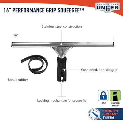 Unger Connect and Clean 16” Performance Window and Glass Cleaning Squeegee with Replacement Rubber, Cleaning Supplies, Heavy Duty Household Cleaner Tools with Streak-Free Results - size: 16 Inch (Pack of 1), style: 16” Performance Grip Squeegee