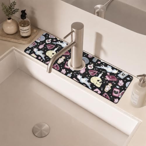 Halloween Kitchen Sink Splash Guard Faucet Mat,Black Witches Ghost Skulls Halloween Faucet Non-Slip Absorbent Mat,Farmhouse Sink Splash Guard Behind Faucet for Kitchen Bathroom,15"x5.5" - color: Drying Faucet Mat 11