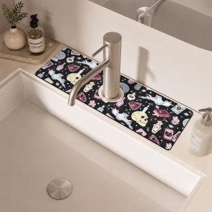 Halloween Kitchen Sink Splash Guard Faucet Mat,Black Witches Ghost Skulls Halloween Faucet Non-Slip Absorbent Mat,Farmhouse Sink Splash Guard Behind Faucet for Kitchen Bathroom,15"x5.5" - color: Drying Faucet Mat 11