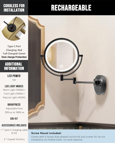 10" Large Brass Wall Mounted Lighted Makeup Mirror with 5X Magnification | 3 Color Touch Dimmable, 2-Sided Bathroom Vanity Extended Swing Arm 360 Rotation, Memory Function, Rechargeable, Matt Black - color: Matte Black