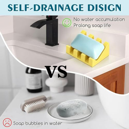 Self Draining Silicone Soap Dish Holder Waterfall Tray, 1 Pack Yellow | Waterfall design drains fast to keep soap dry, non-slip silicone base anti slide, soap saver for bathroom & kitchen - color: Yellow, size: 1