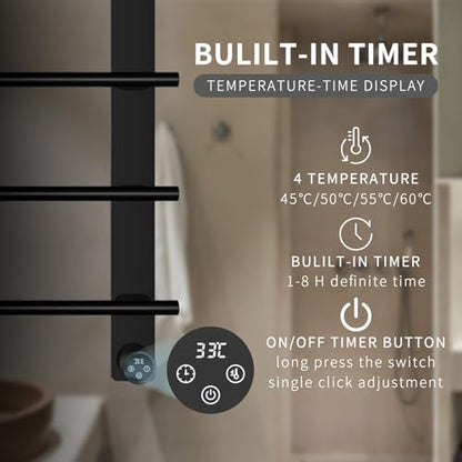 VJASS Electric Heated Towel Warmer with Timer, Wall Mounted Stainless Steel Towel Rack, 4-Bar Fast Heating Towel Drying Rack for Bathroom, Hardwired/Plug-in Options (Matte Black) - color: Matte Black