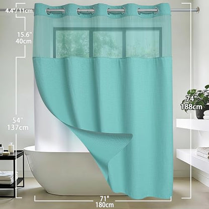 Conbo Mio No Hook Green Waffle Weave Shower Curtain with Snap in Liner Set, Hotel Luxury Shower Curtains for Bathroom with See Through Top Window, Waterproof, Washable 71W x 74H - color: Waffle-green, size: 71"W x 74"L (Pack of 1)