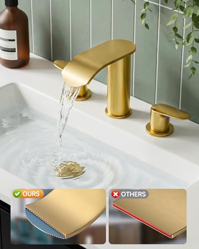 WOWOW Waterfall Bathroom Faucet 3 Holes 8Inch Widespread Bathroom Sink Faucet, Two Handles Lavatory Vanity Sink Faucets with Pop-up Drain & Supply Hoses, Modern Faucet Mixer Taps Gold - color: Gold