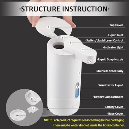 Automatic Soap Dispenser, Automatic Liquid Soap Dispenser Touchless, 12oz/340ml, 3-Level Adjustable, Battery Operated, Water-Resistant for Bathroom, Kitchen, and School, Clog-Free, White - color: White
