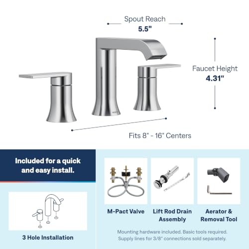 Moen Genta LX Two-Handle High Arc Widespread Bathroom Sink Faucet, for 3-Hole Setups, Valve Included, Chrome, TV6708 - color: Chrome