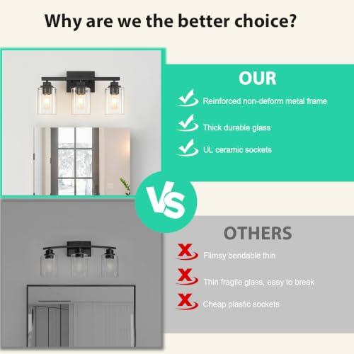 Matte Black Bathroom Vanity Light, 3-Light Modern Vanity Lighting Fixtures Over Mirror with Clear Glass Shade,Square Design,Wall Sconces for Living Room Cabinet Bedroom,E26 Socket - size: 3-Light