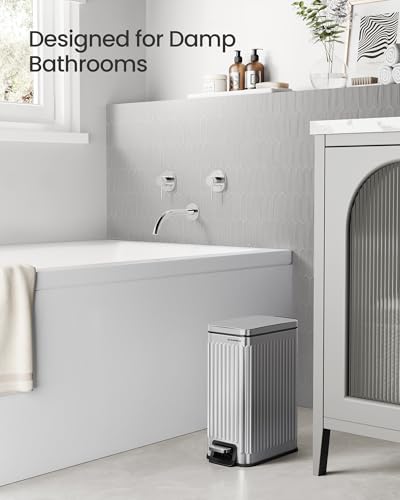 SONGMICS Bathroom Trash Can, 1.6-Gallon (6 L) Trash Bin with Lid, Slim for Small Spaces, Stainless Steel Garbage Can, Soft Close, Silver ULTB563E01 - color: Silver, style: 1.6 Gal. & fluted design
