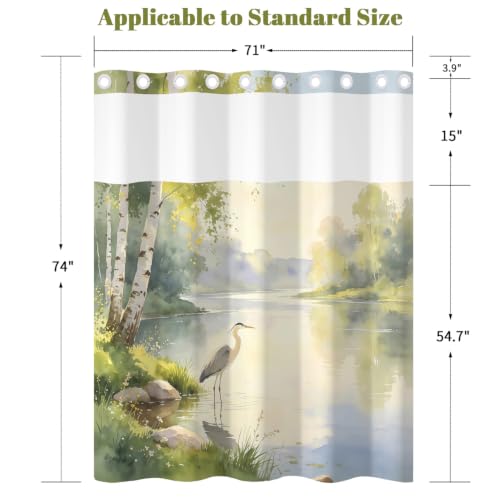 Nature Landscape Shower Curtain with Snap in Liner, 71x74 Inch | No Hooks Needed & Mesh Top, Double Layer Waterproof, Heron Bird & Birch Tree Lake Greenery Scenery Design for Rustic Bathroom - color: Crane & Landscape