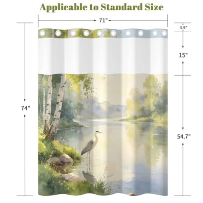 Nature Landscape Shower Curtain with Snap in Liner, 71x74 Inch | No Hooks Needed & Mesh Top, Double Layer Waterproof, Heron Bird & Birch Tree Lake Greenery Scenery Design for Rustic Bathroom - color: Crane & Landscape