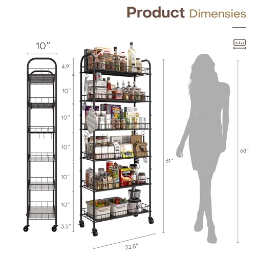 6 Tier Slim Storage Cart with Wheels, Metal Mobile Shelving Unit Organizer Utility Cart for Office Bathroom Kitchen Laundry Room Narrow Places (10inches) - size: 10inches