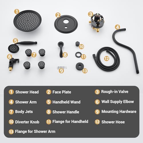 DASAN Antique Shower Faucet Sets Complete Rain Shower System in Wall with Body Shower Spray Jets, Matte Black Shower Fixtures with 9’’ Rainfall Overhead Shower, Handheld, Valve & Trim Kit, AT249W-MB - color: Matte Black