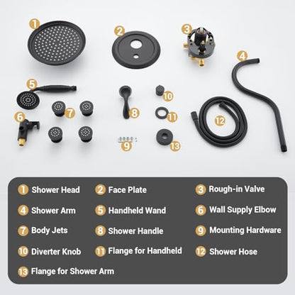 DASAN Antique Shower Faucet Sets Complete Rain Shower System in Wall with Body Shower Spray Jets, Matte Black Shower Fixtures with 9’’ Rainfall Overhead Shower, Handheld, Valve & Trim Kit, AT249W-MB - color: Matte Black