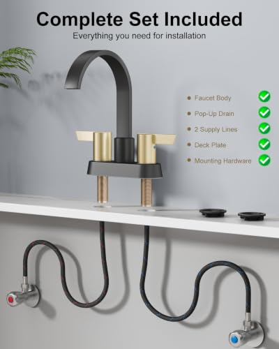Black and Gold Bathroom Faucet,4 Inch Centerset 2-Handle Waterfall | Includes Pop-Up Drain,24-Inch Supply Lines,Mounting Hardware,SUS304 Stainless Steel Construction,And A 360° Swivel Spout - color: Black and Gold