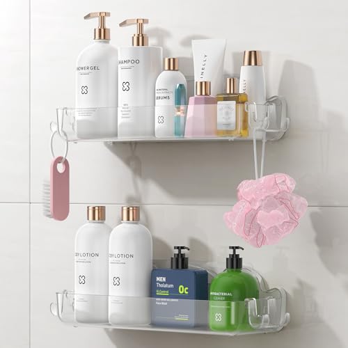 2 Pack Acrylic Shower Caddy Adhesive, No Drilling Bathroom Shower Organizers, with 4 Removable Hooks, Wall Mounted Shower Shelves, Acrylic Shower Holder Storage for Bathroom, Dorm, Kitchen