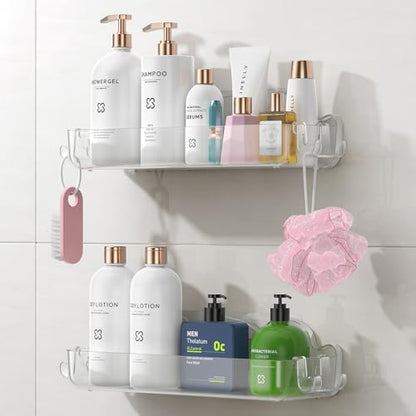 2 Pack Acrylic Shower Caddy Adhesive, No Drilling Bathroom Shower Organizers, with 4 Removable Hooks, Wall Mounted Shower Shelves, Acrylic Shower Holder Storage for Bathroom, Dorm, Kitchen