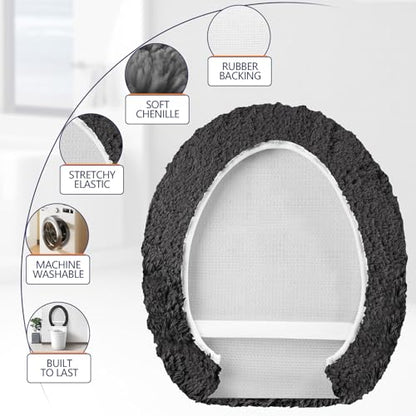 Soft Microfiber Toilet Lid Cover 17.5" x 15" Machine Washable | Solid Toilet Seat Cover Adjustable Rubber Backing Fits Most 16 -17.5" L x 14-16" W Round Oblong and Elongated Toilet Seat - color: Dark Grey