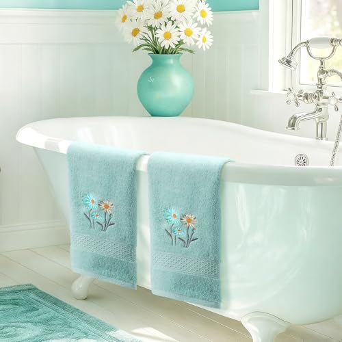 SmoothNovelty 2 Pcs Daisy Hand Towels Teal Flower Bathroom Decor 14x29 Inch Embroidered 100% Cotton Soft Absorbent Spring Summer Decorative Daisy Hand Towels for Bathroom Kitchen - style: Daisy Flower