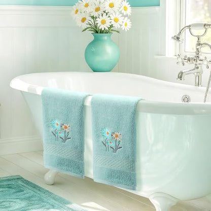 SmoothNovelty 2 Pcs Daisy Hand Towels Teal Flower Bathroom Decor 14x29 Inch Embroidered 100% Cotton Soft Absorbent Spring Summer Decorative Daisy Hand Towels for Bathroom Kitchen - style: Daisy Flower
