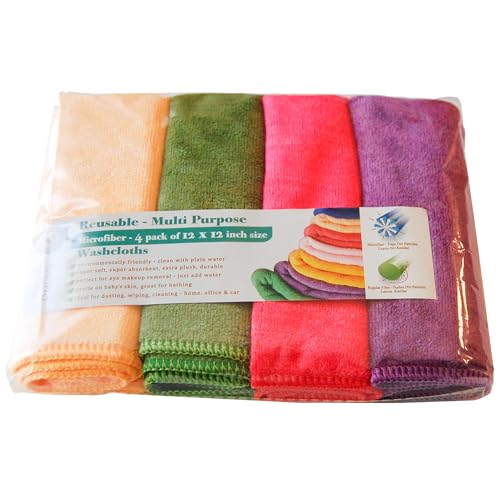 EcoSol Designs - Microfiber Towels, Cleaning & Drying Must-Have, Soft, Thick Dry/Wipe for Personal/Home/Office/Car Use, 4 12x12 Microfiber Towels with Hanging Loops in Purple, Pink, Green and Yellow - color: Purple, Pink, Green, Yellow
