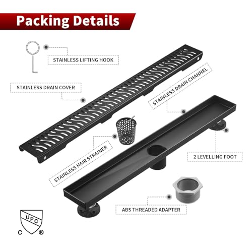 Sharp-tec Linear Shower Drain, 24 inch Shower Drain with Removable Pattern Cover, Matte Black 304 Stainless Steel Rectangle Floor Drain, Adjustable Feet and Hair Strainer Included - color: Matte Black, size: 24 inch