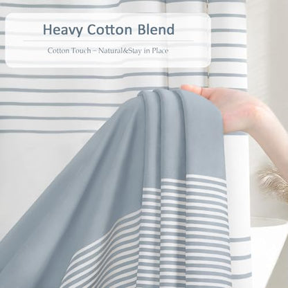 Blue Coastal Ocean Cotton Striped Shower Curtain with Tassel 72"W X 84"L | Extra Long Boho Farmhouse Shower Curtains for Bathroom with Soft Cotton Feel - color: Light Blue, size: 72"W x 84"L
