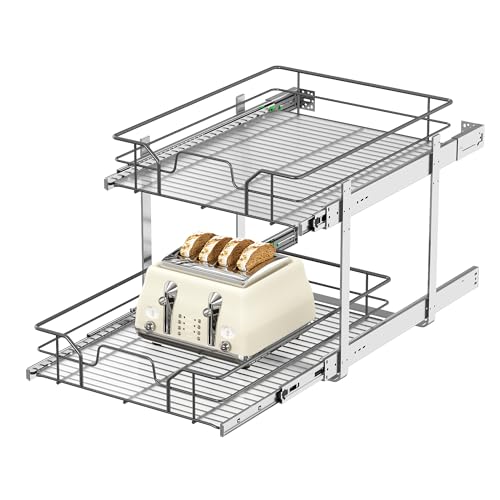 2-Tier Pull Out Cabinet Organizer (17" W x 22" D) | Soft Close Cabinet Slide Out Shelves, Heavy Duty Slide Out Drawers with Shelf Liner for Kitchen Cabinets, Pantry, Bathroom - size: 17"W x 22''D